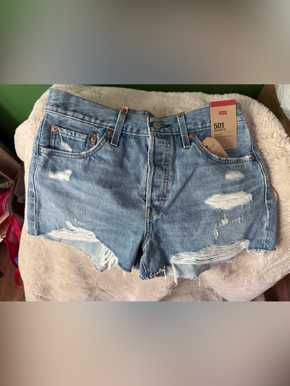 Levi's 501 Light Blue Distressed Denim Jean Shorts